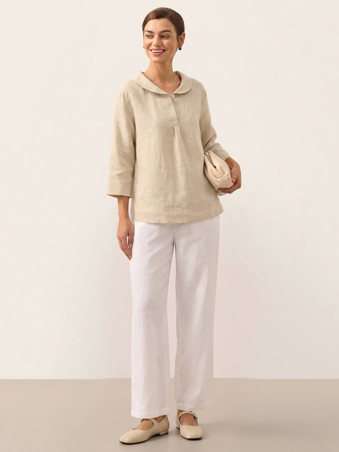 Giada | Top in Lino con Scollo a V e Maniche Corte