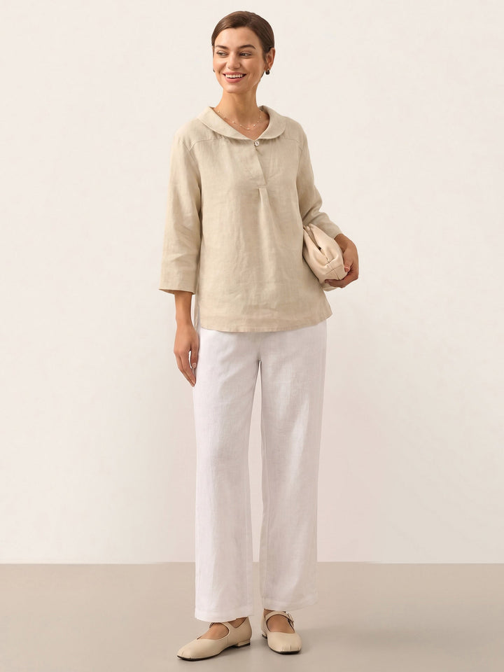 Giada | Top in Lino con Scollo a V e Maniche Corte