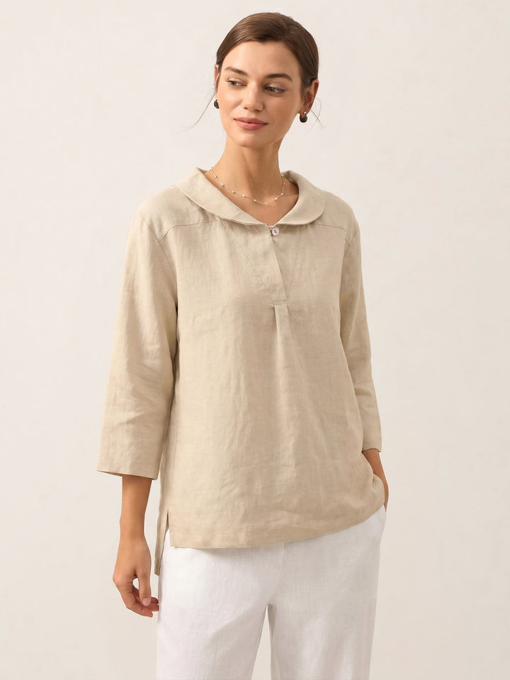 Giada | Top in Lino con Scollo a V e Maniche Corte