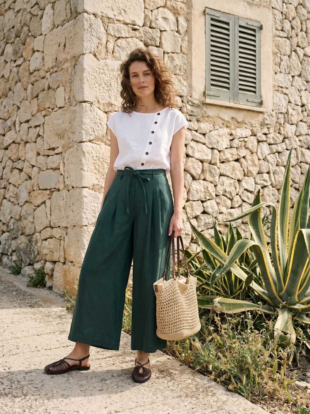 Lucia | Pantaloni in Lino con Laccio Laterale e Gamba Ampia