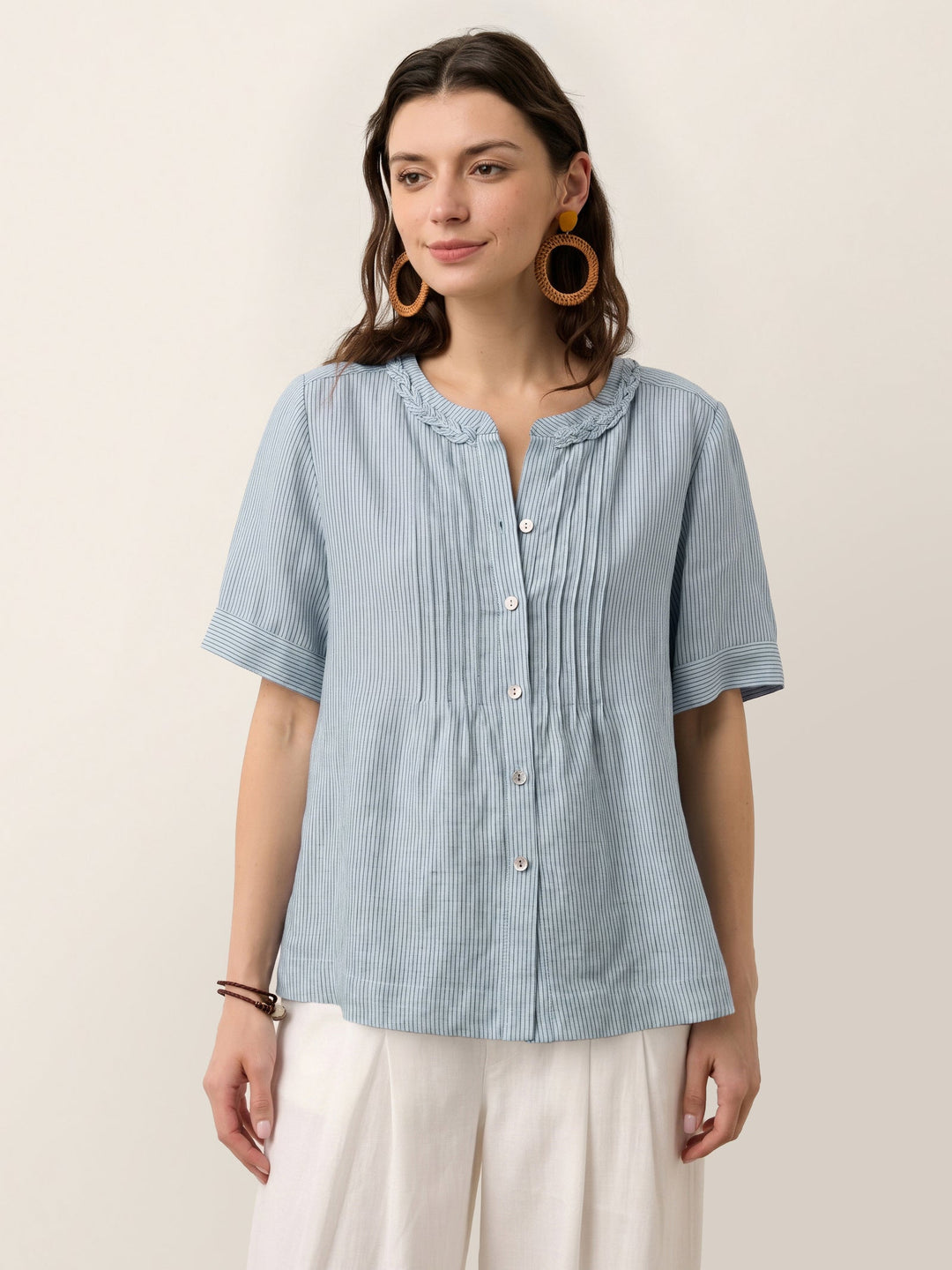 Marina | Top a Righe in Lino con Collo Intrecciato