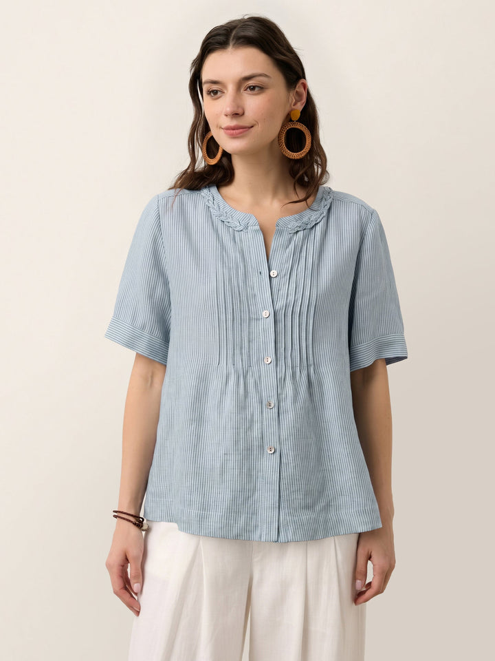 Marina | Top a Righe in Lino con Collo Intrecciato
