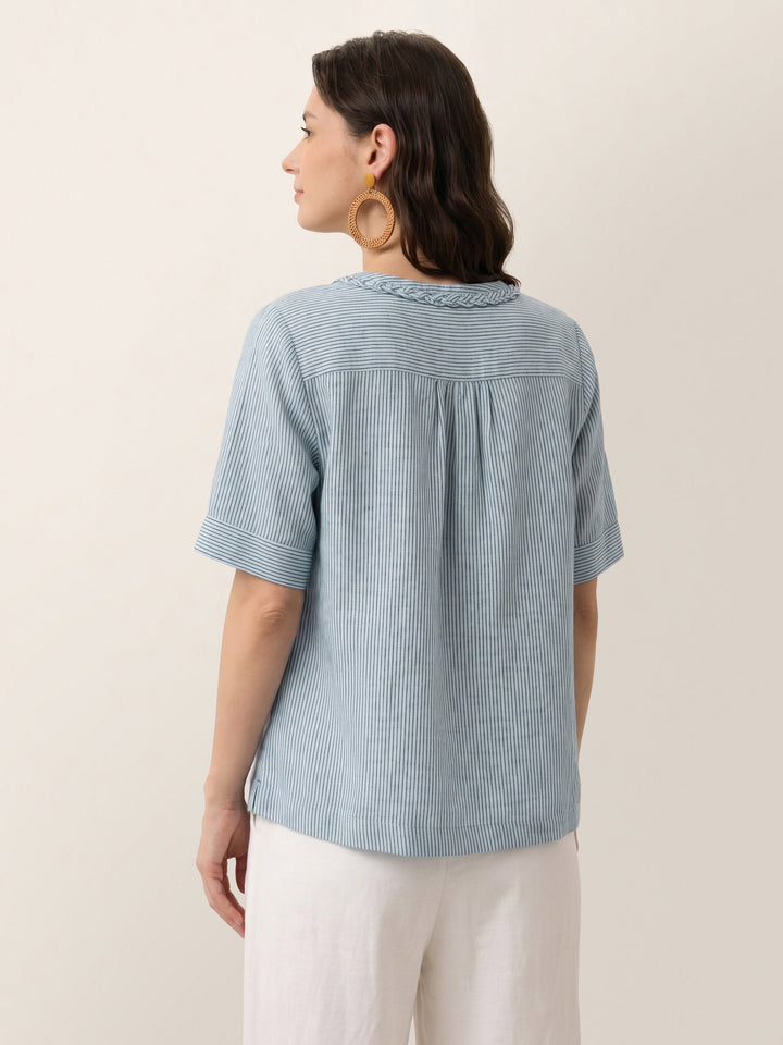 Marina | Top a Righe in Lino con Collo Intrecciato