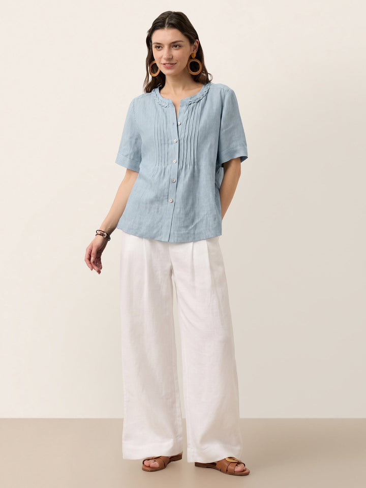 Marina | Top a Righe in Lino con Collo Intrecciato