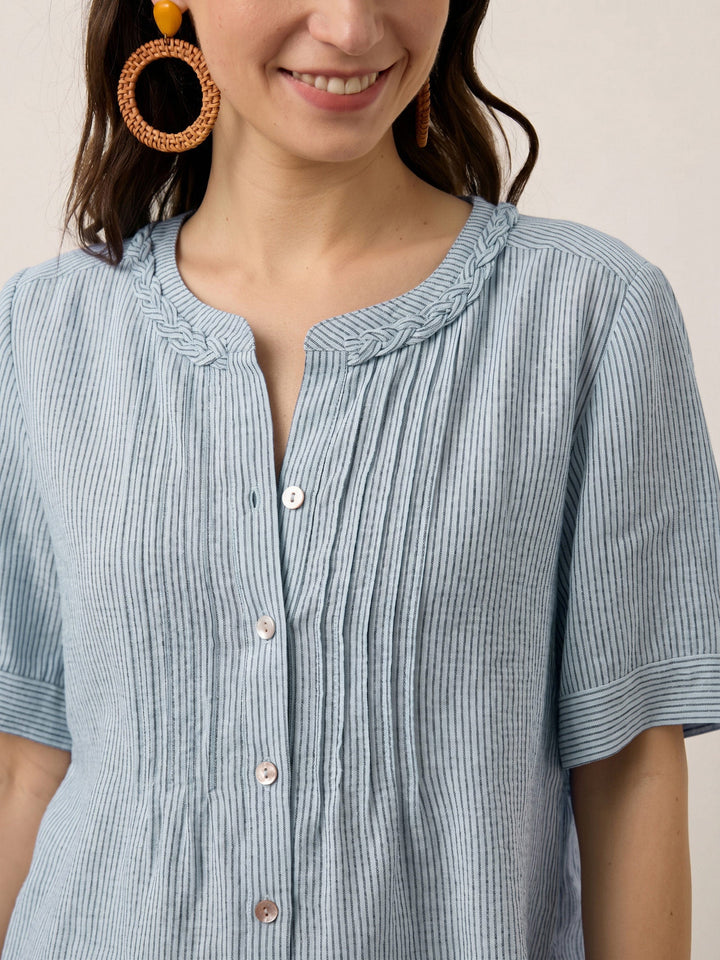 Marina | Top a Righe in Lino con Collo Intrecciato