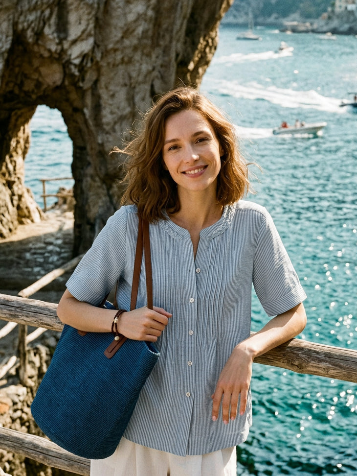 Marina | Top a Righe in Lino con Collo Intrecciato