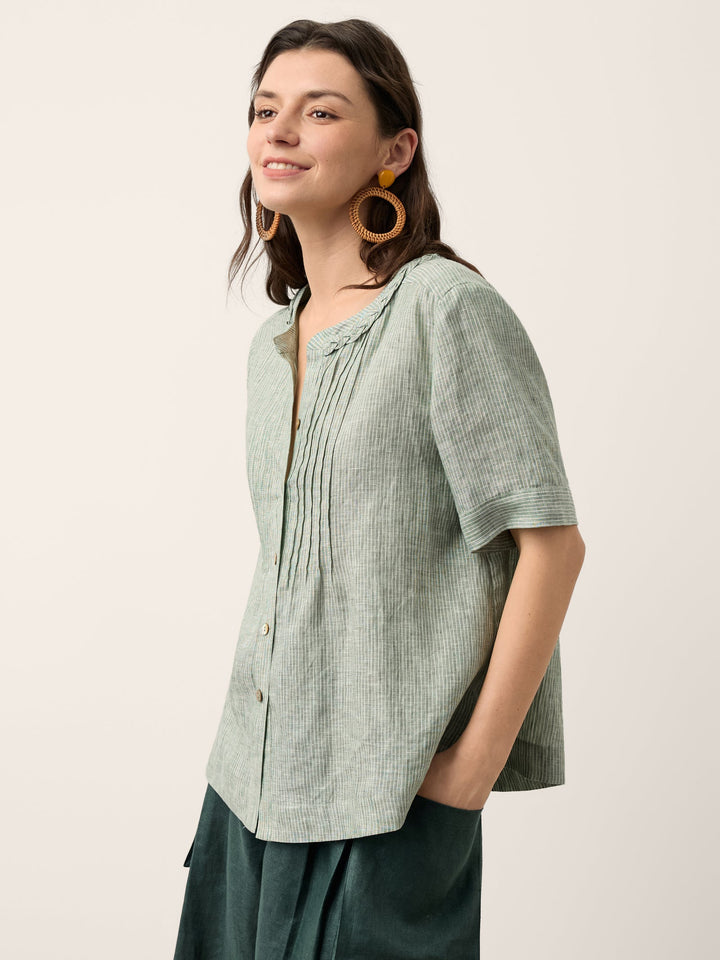Marina | Top a Righe in Lino con Collo Intrecciato