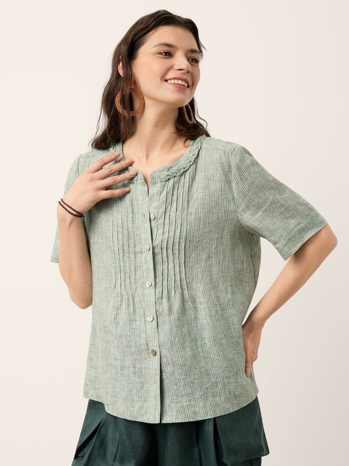 Marina | Top a Righe in Lino con Collo Intrecciato