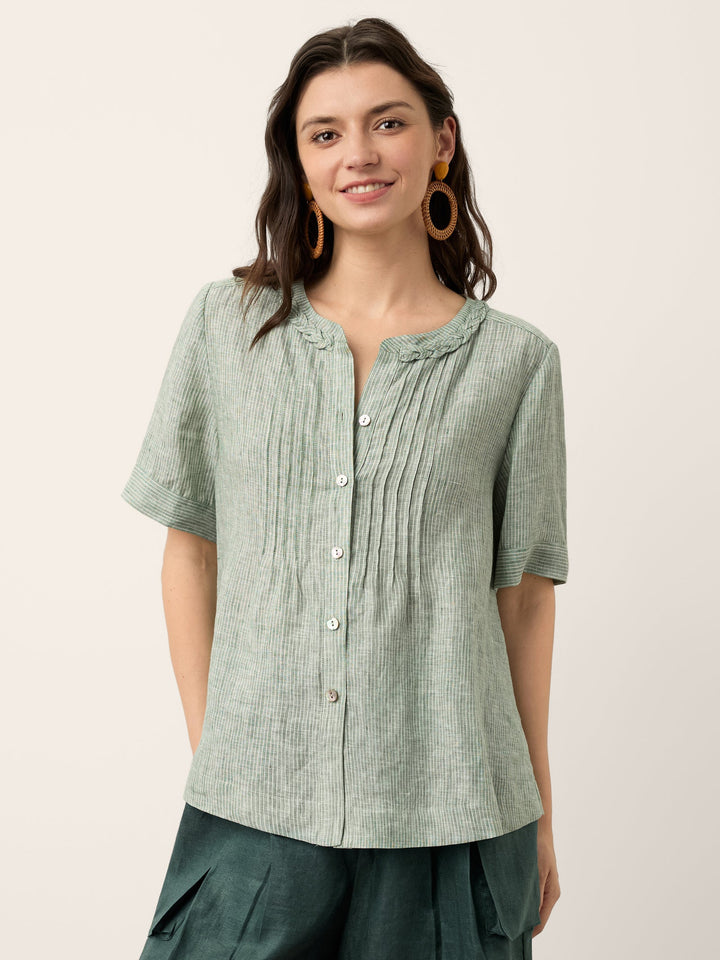 Marina | Top a Righe in Lino con Collo Intrecciato