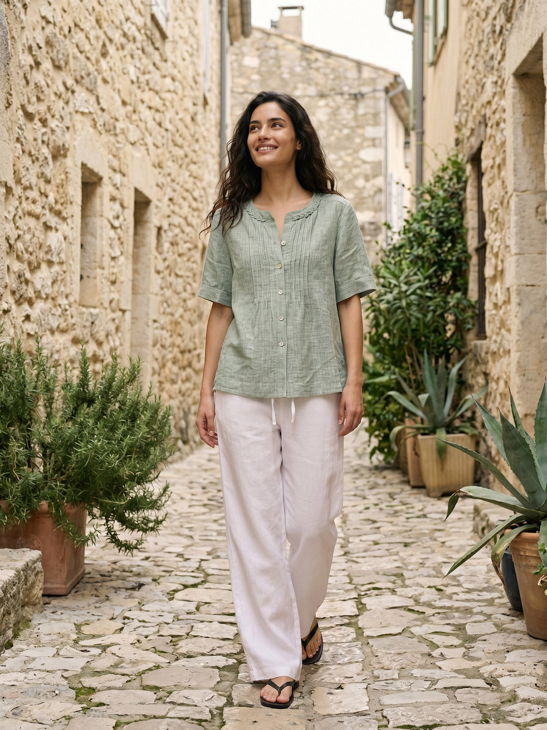 Marina | Top a Righe in Lino con Collo Intrecciato