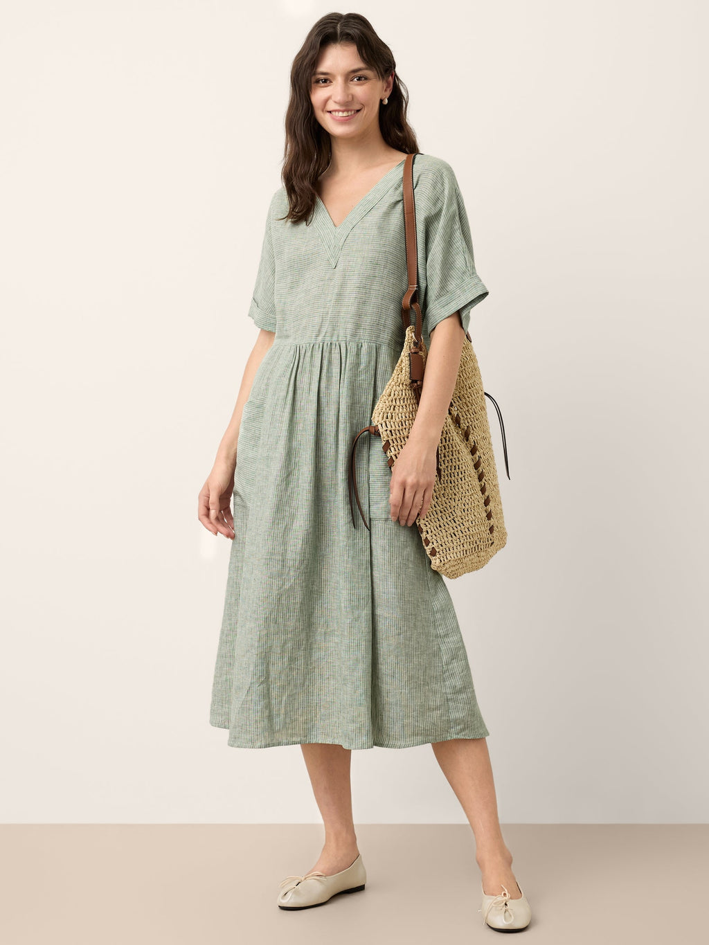Astoria | Abito Midi a Righe in Lino con Tasche