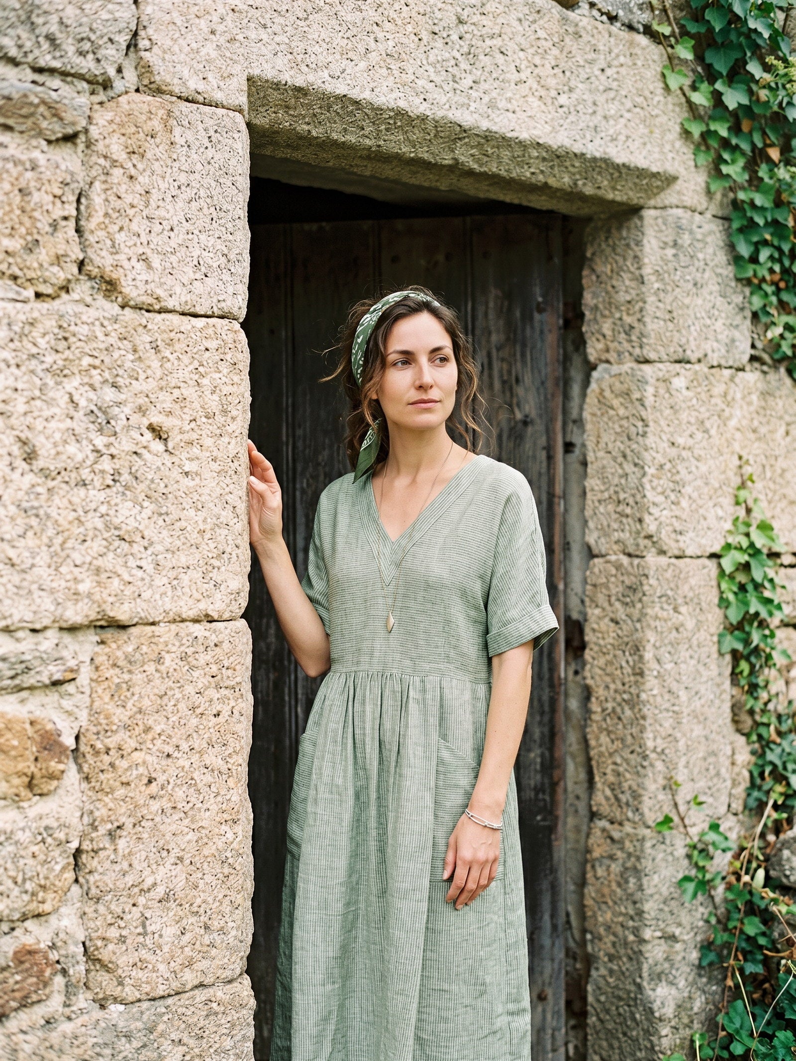 Astoria | Abito Midi a Righe in Lino con Tasche
