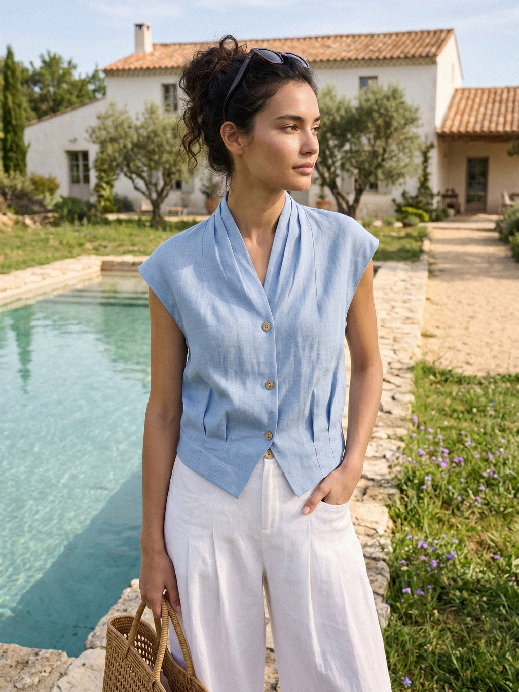 Valeria | Camicia Corta in Lino con Scollo Incrociato