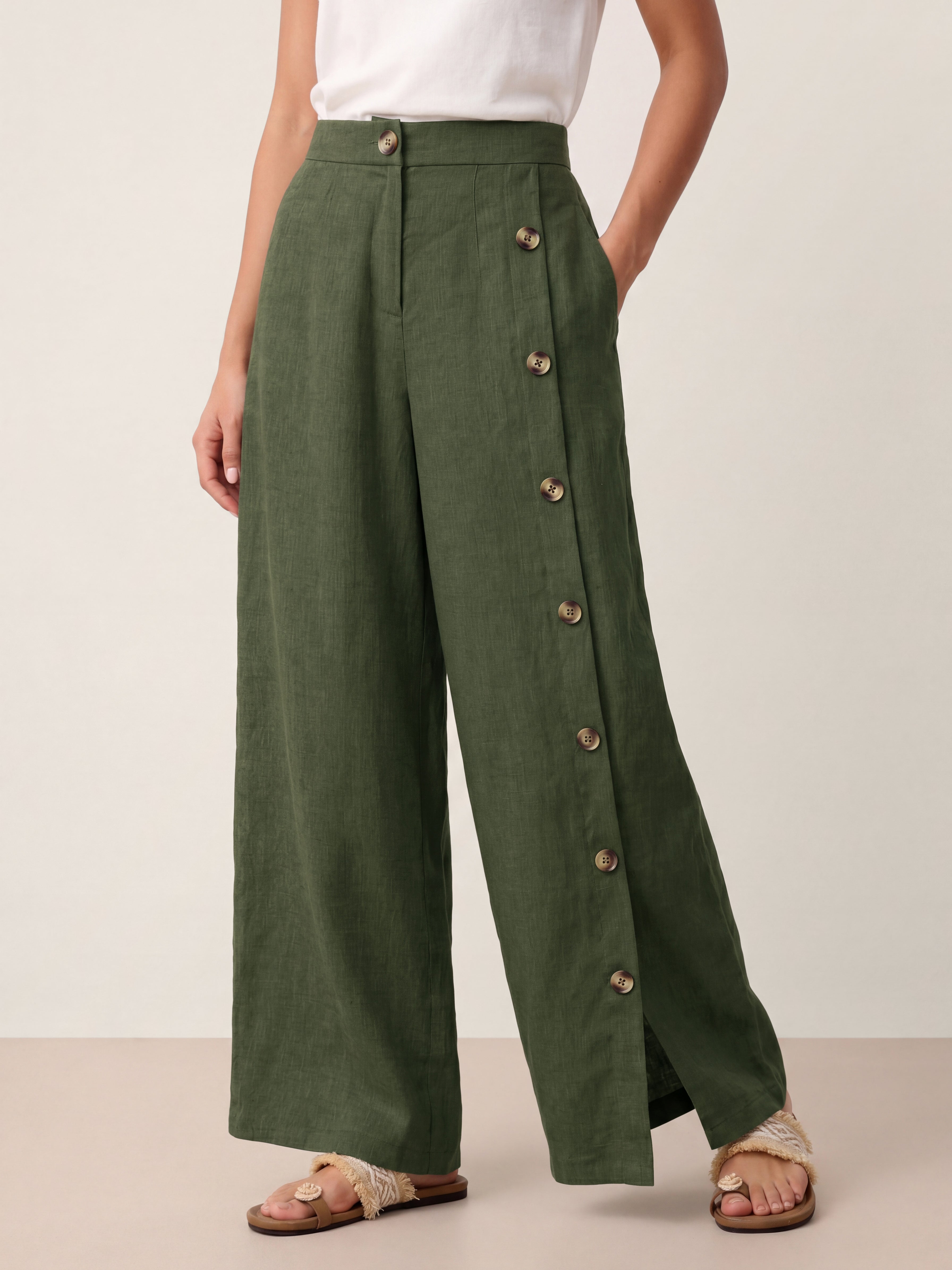 Francesca | Pantaloni in Lino con Bottoni e Spacchi Laterali