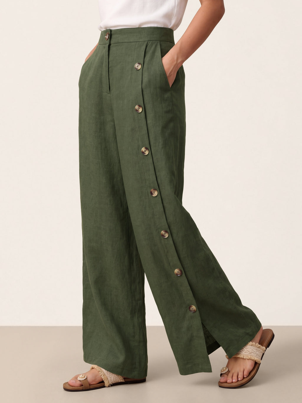Francesca | Pantaloni in Lino con Bottoni e Spacchi Laterali