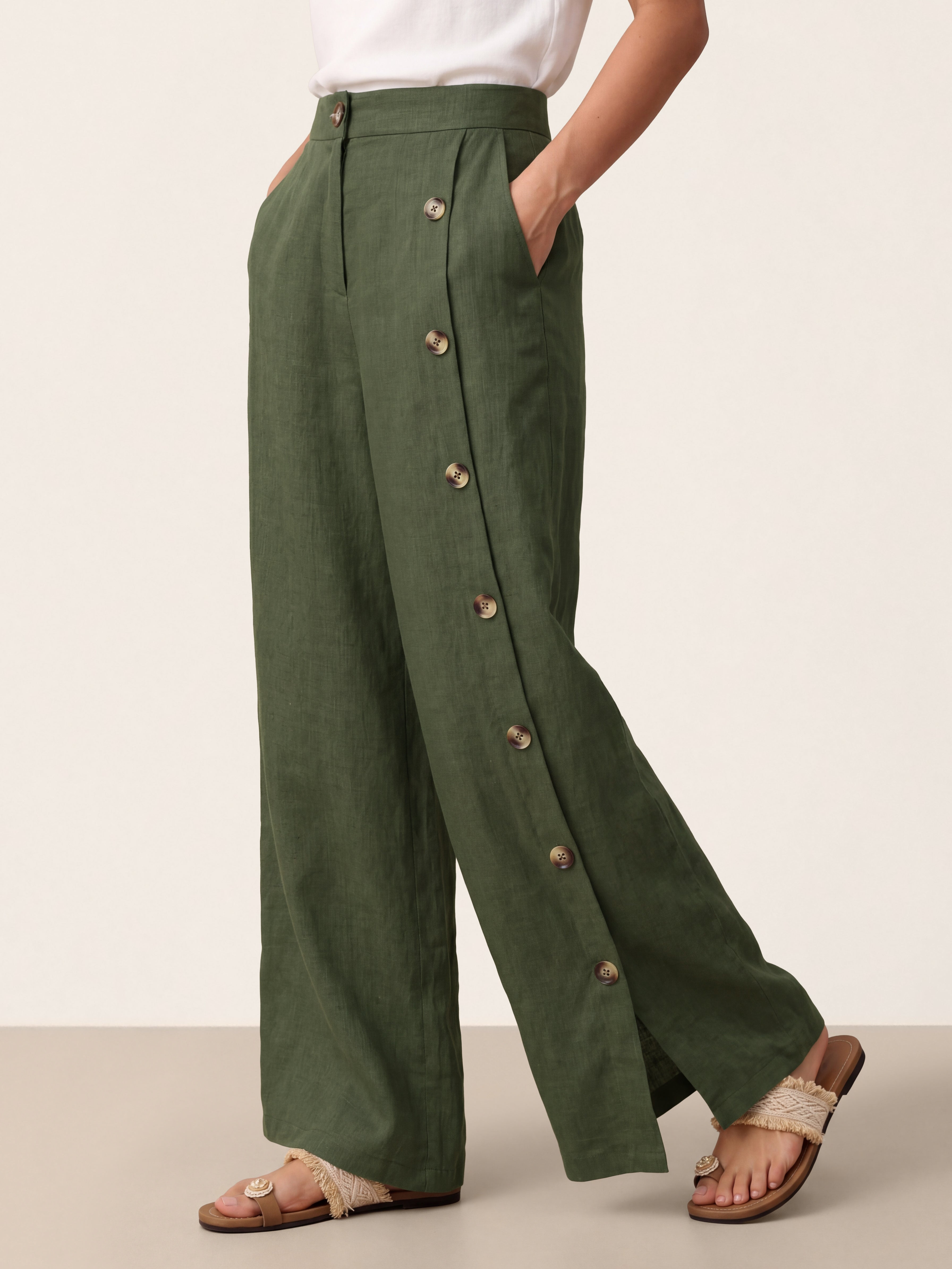 Francesca | Pantaloni in Lino con Bottoni e Spacchi Laterali
