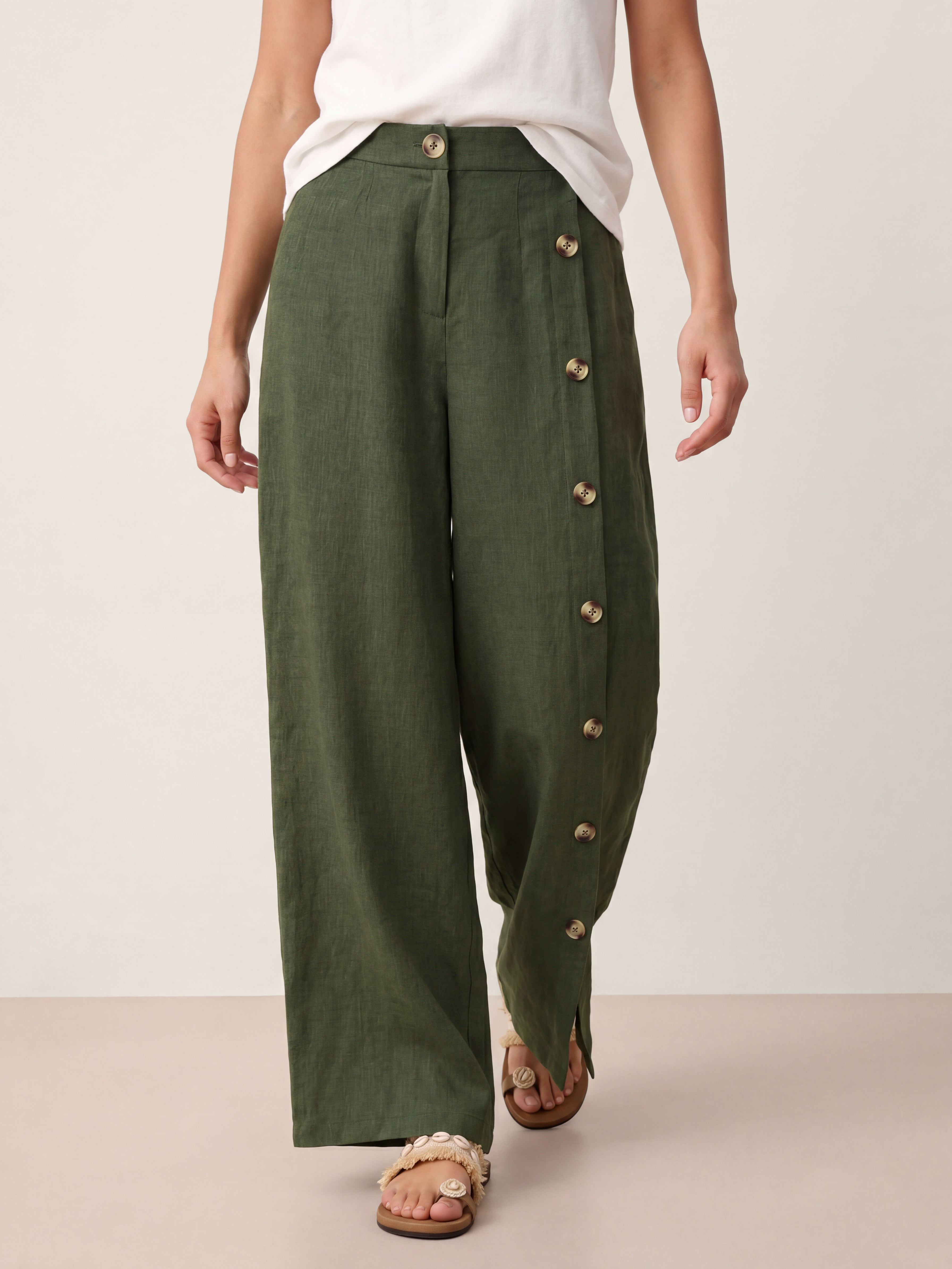 Francesca | Pantaloni in Lino con Bottoni e Spacchi Laterali