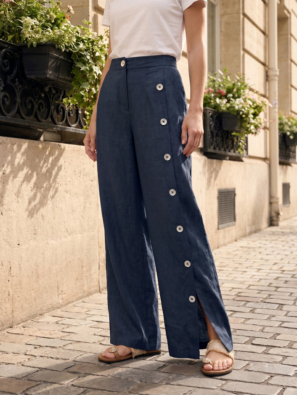 Francesca | Pantaloni in Lino con Bottoni e Spacchi Laterali