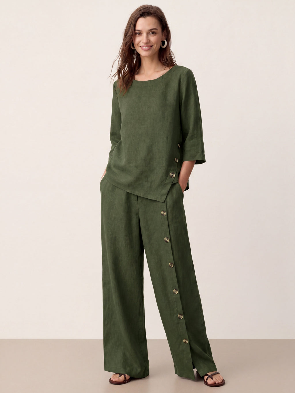 Francesca | Pantaloni in Lino con Bottoni e Spacchi Laterali