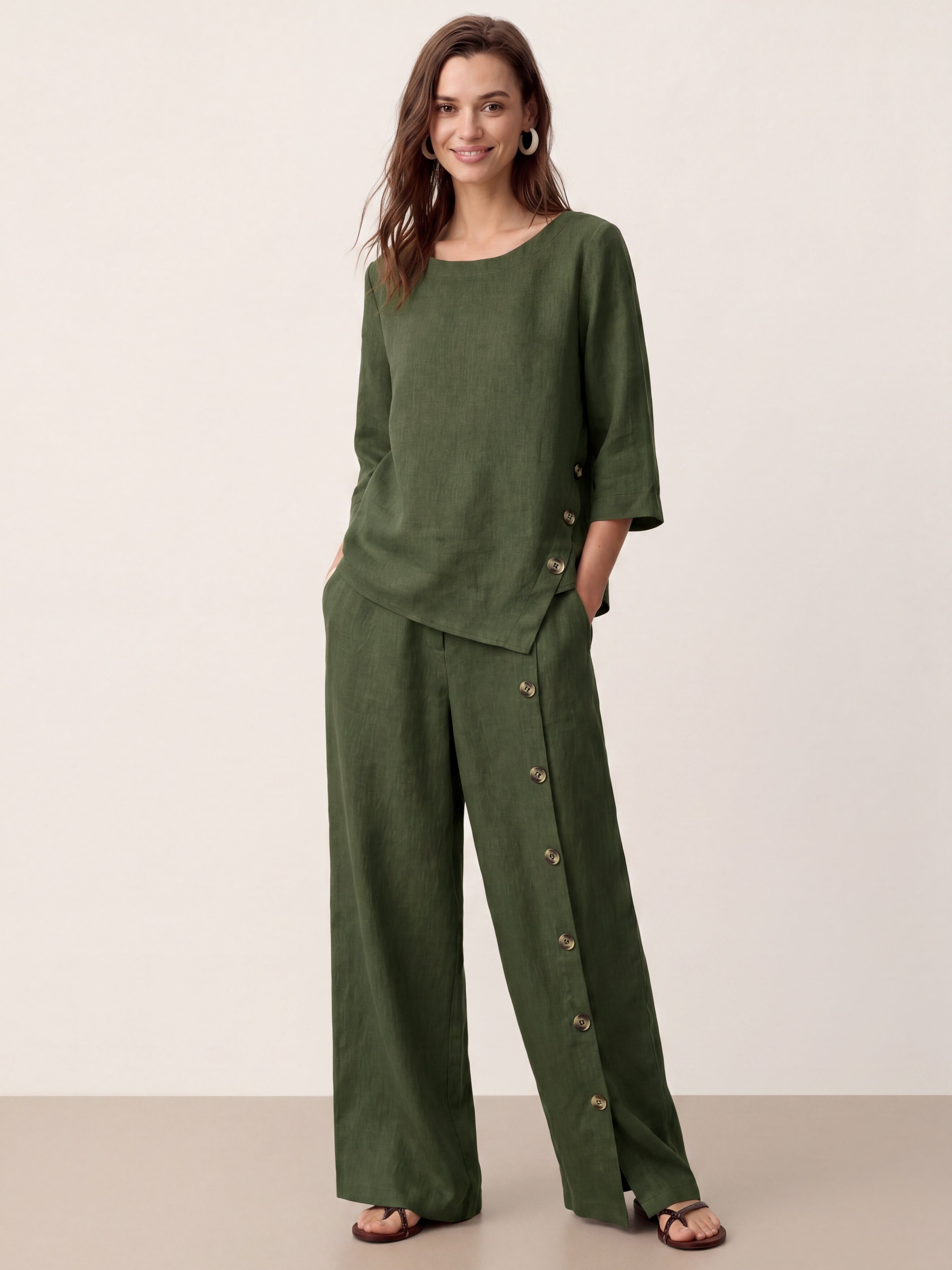 Francesca | Pantaloni in Lino con Bottoni e Spacchi Laterali
