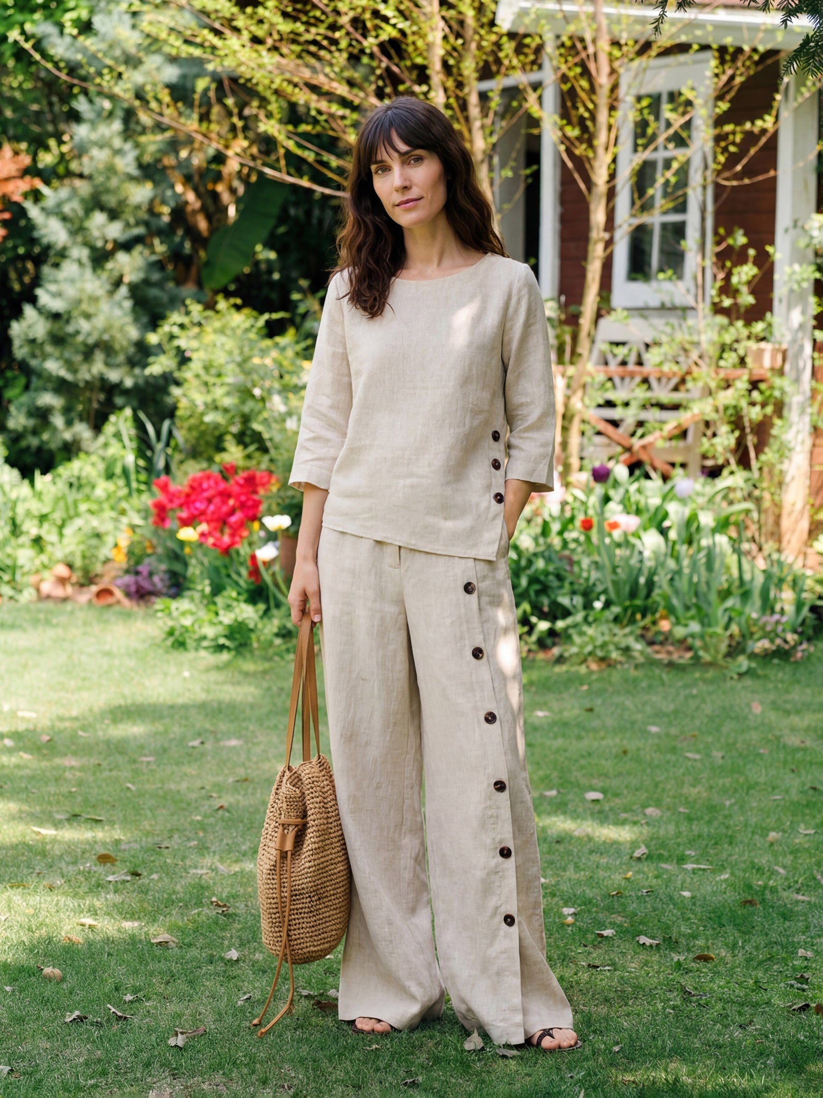 Francesca | Pantaloni in Lino con Bottoni e Spacchi Laterali