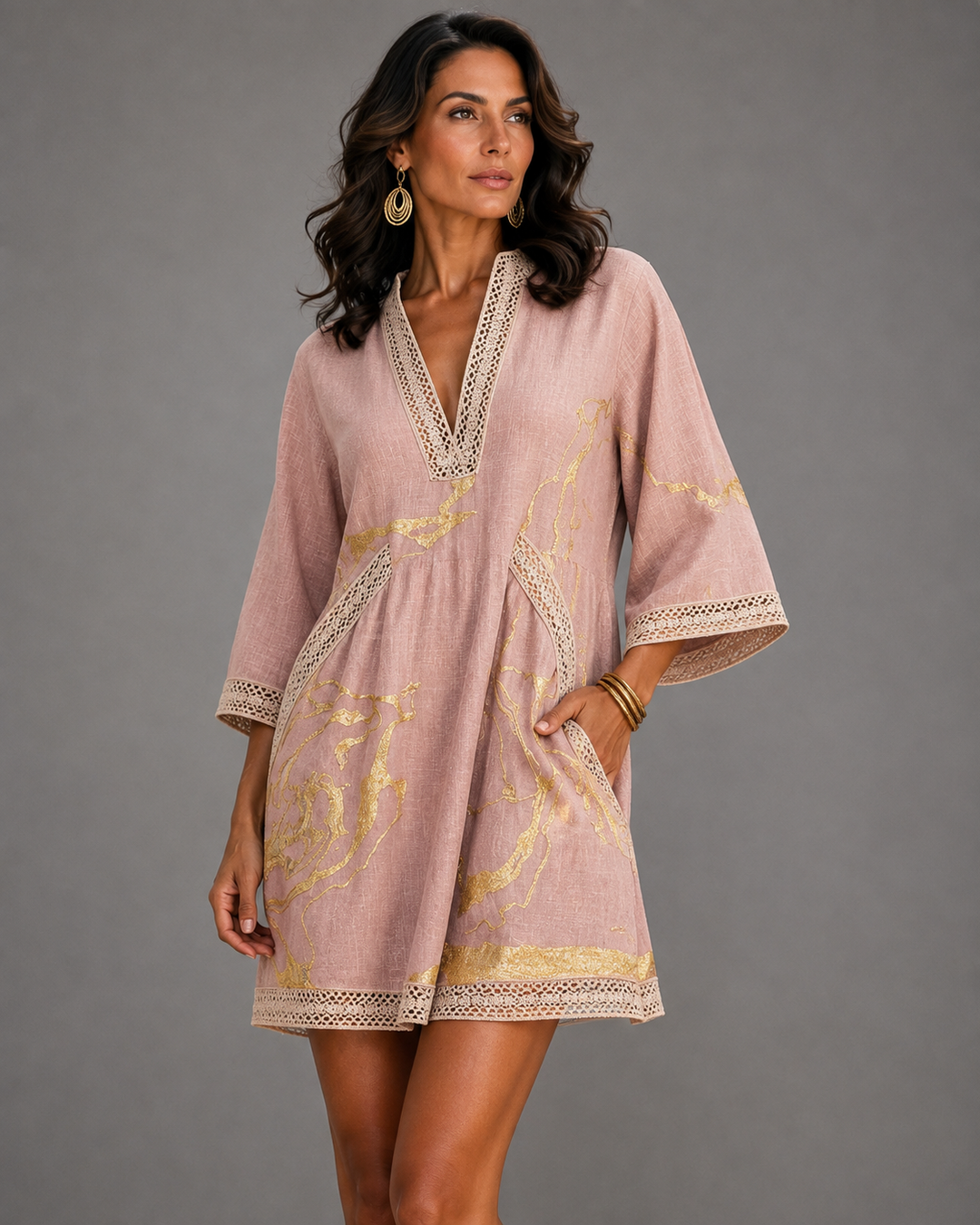 Donatia - Mini abito con stampa marmo dorata e pizzo crochet