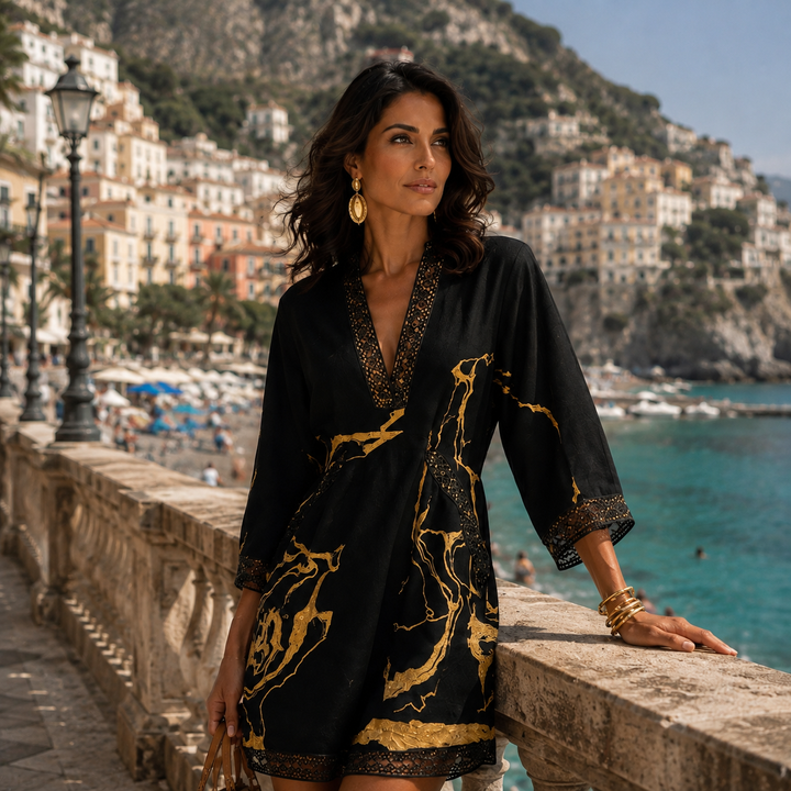 Donatia - Mini abito con stampa marmo dorata e pizzo crochet