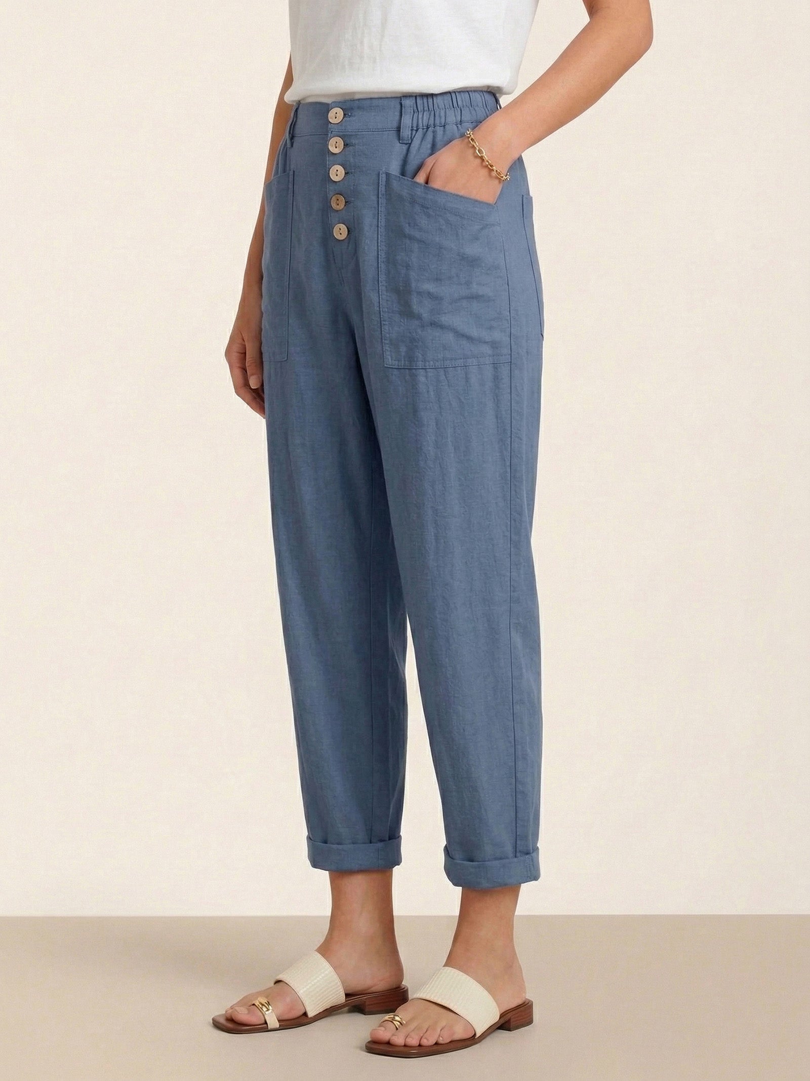 Elena | Pantaloni in Lino con Chiusura a Bottone