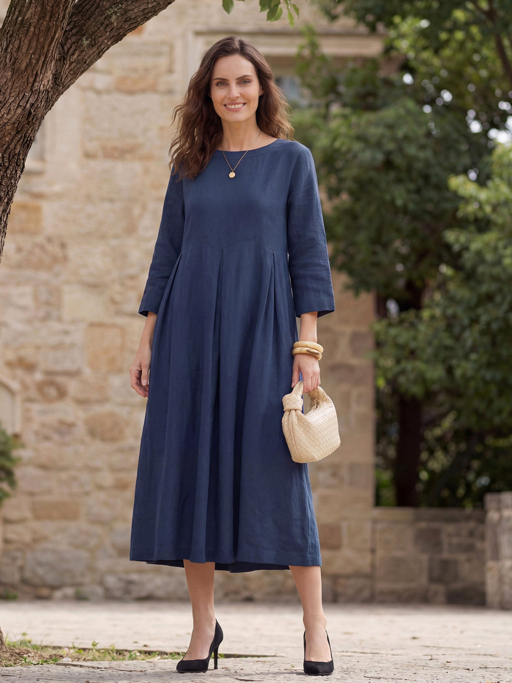 Abigail | Abito Midi Plissettato in Lino con Scollo a Barca