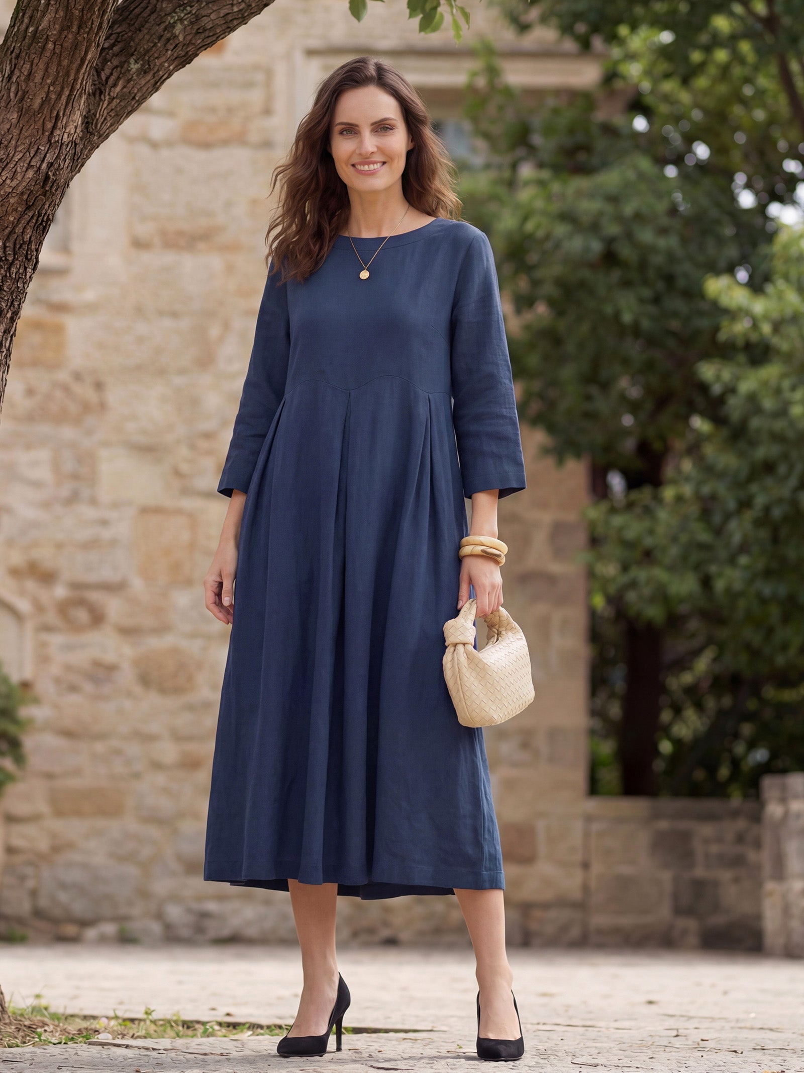 Abigail | Abito Midi Plissettato in Lino con Scollo a Barca