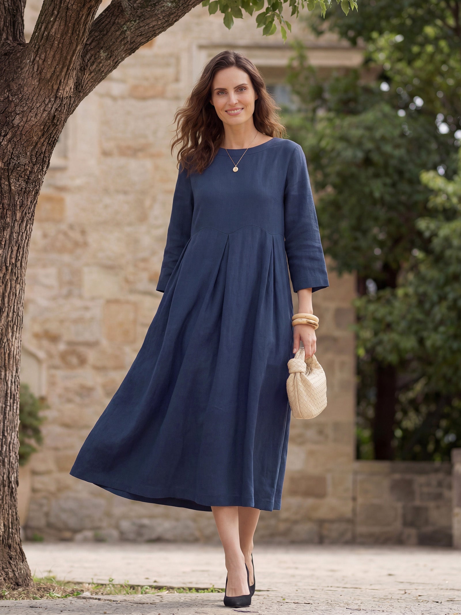 Abigail | Abito Midi Plissettato in Lino con Scollo a Barca