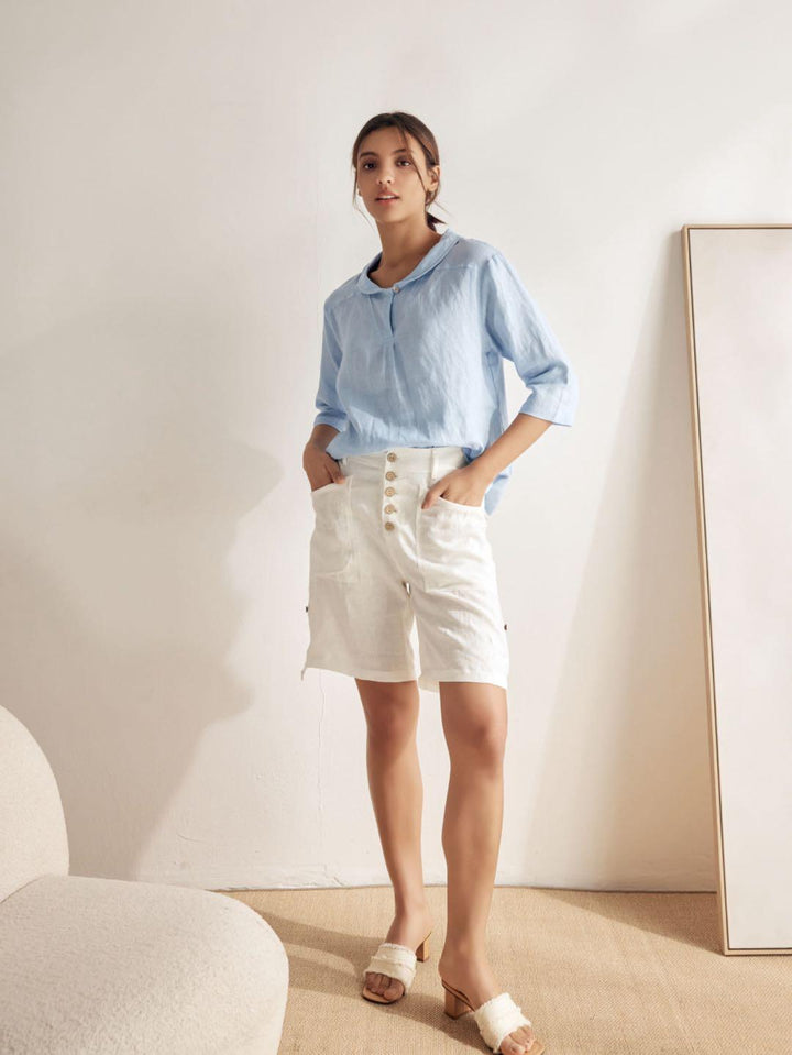 Giada | Top in Lino con Scollo a V e Maniche Corte
