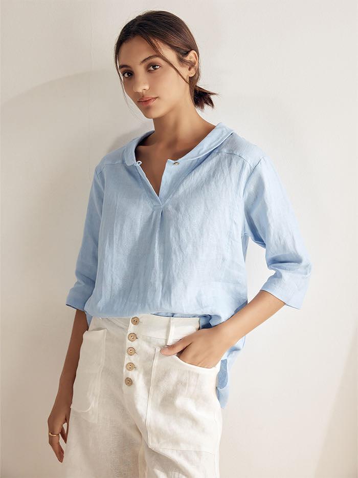 Giada | Top in Lino con Scollo a V e Maniche Corte