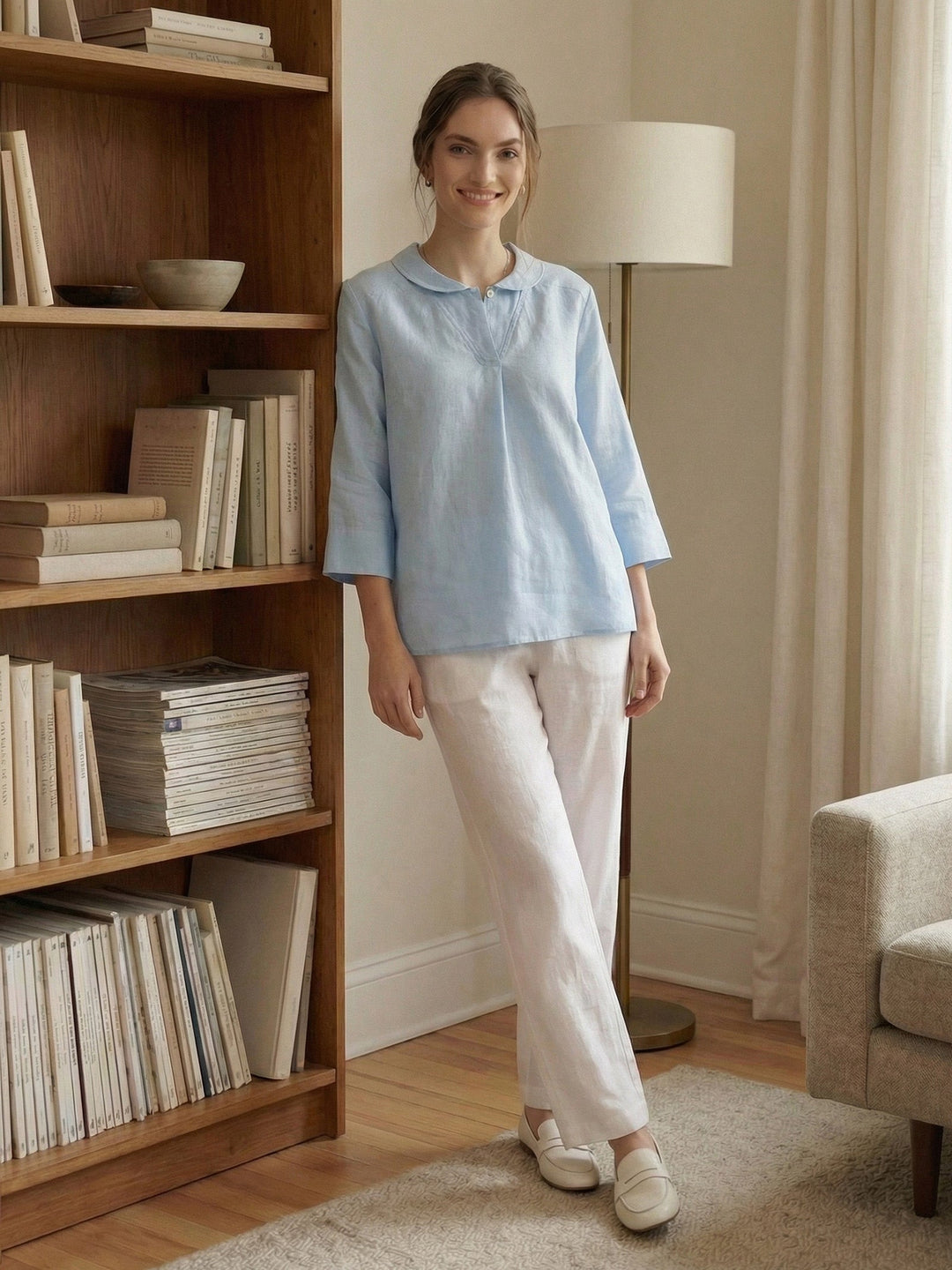Giada | Top in Lino con Scollo a V e Maniche Corte