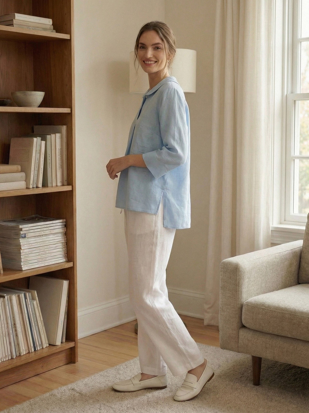 Giada | Top in Lino con Scollo a V e Maniche Corte