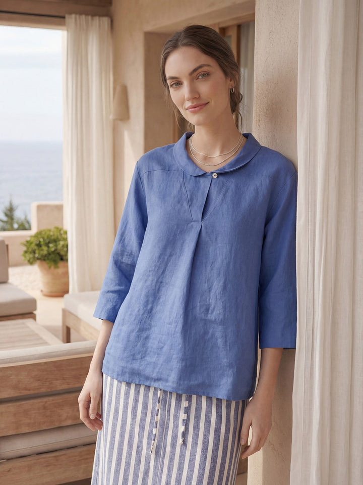 Giada | Top in Lino con Scollo a V e Maniche Corte