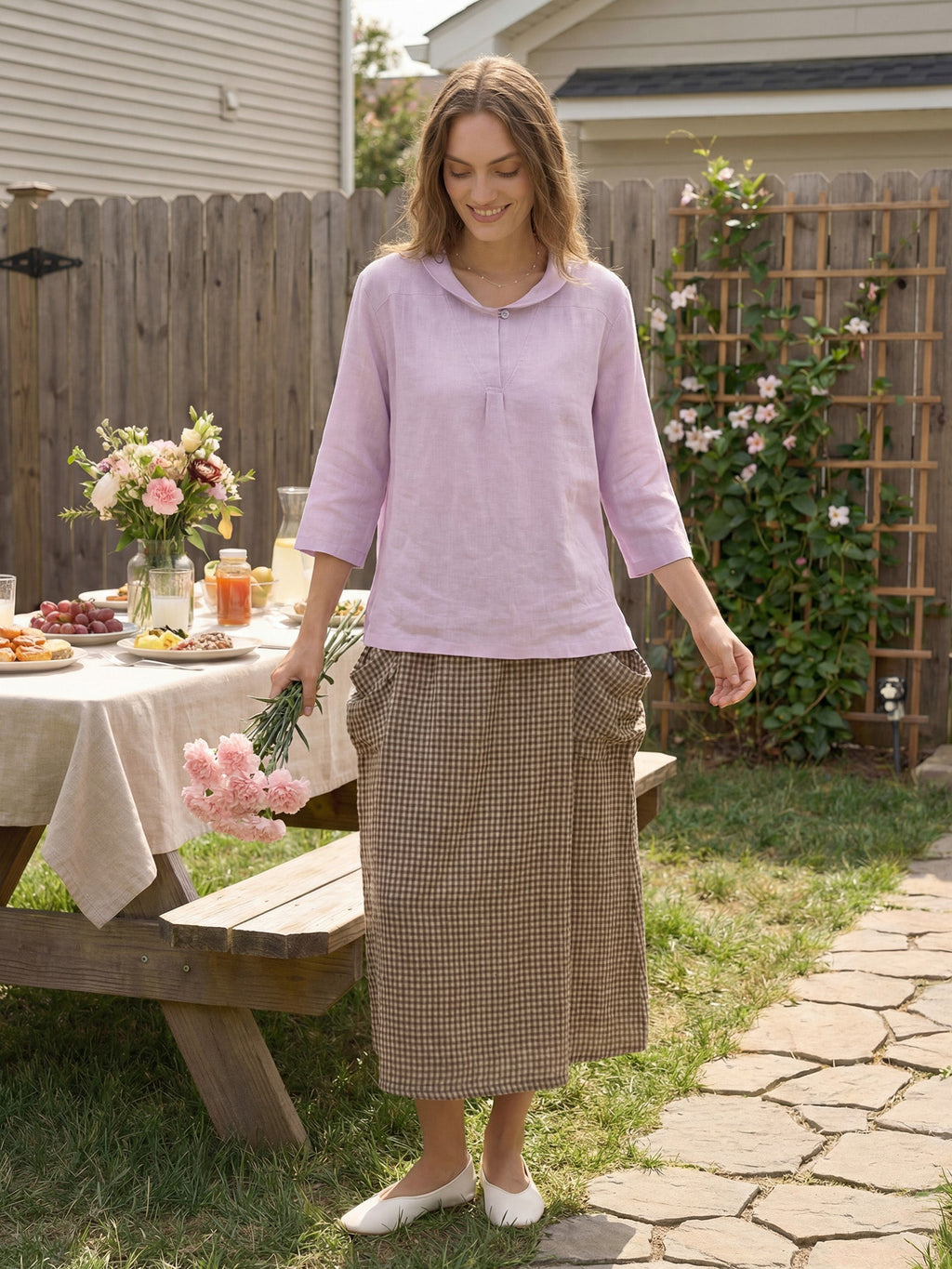 Giada | Top in Lino con Scollo a V e Maniche Corte