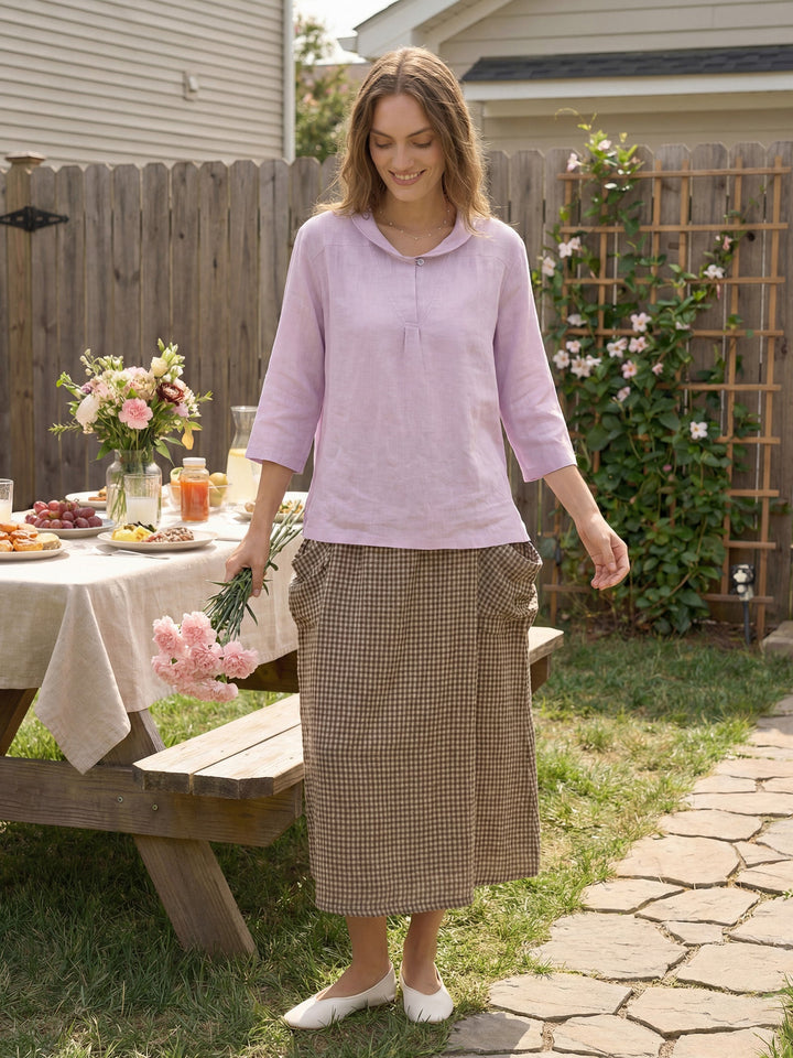 Giada | Top in Lino con Scollo a V e Maniche Corte