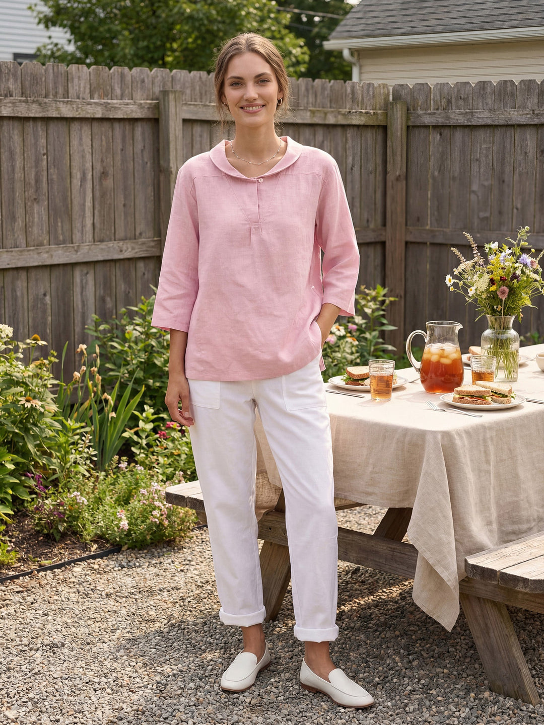 Giada | Top in Lino con Scollo a V e Maniche Corte