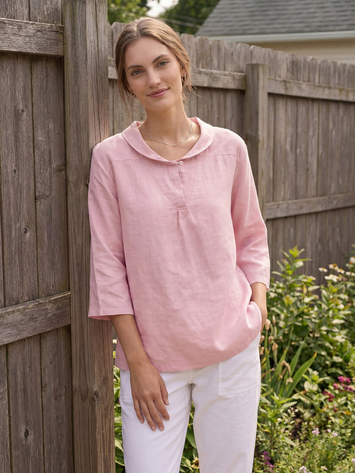 Giada | Top in Lino con Scollo a V e Maniche Corte