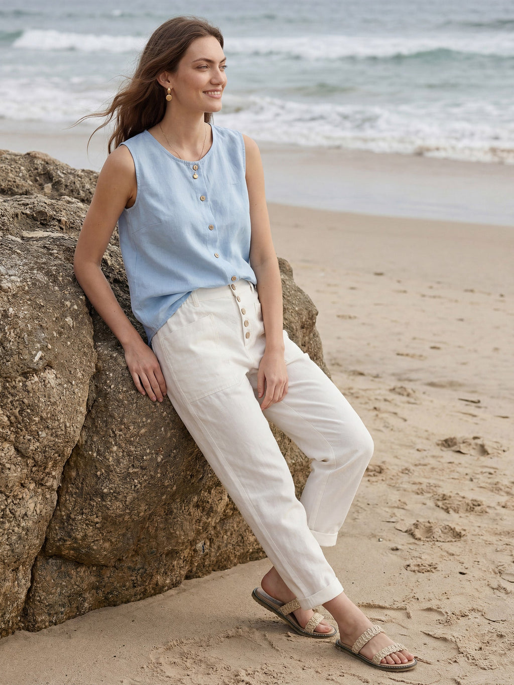 Elena | Pantaloni in Lino con Chiusura a Bottone