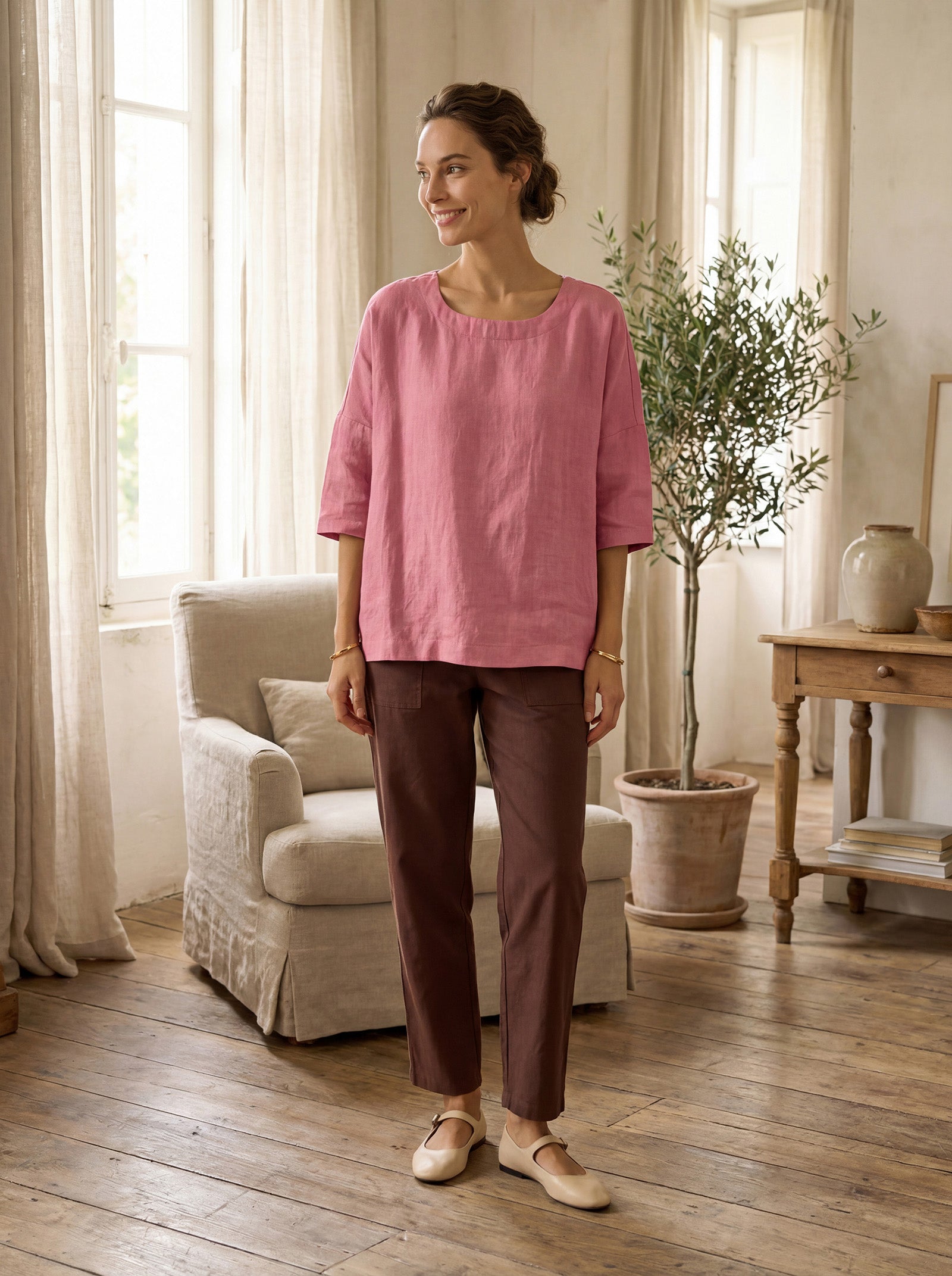 Elena | Pantaloni in Lino con Chiusura a Bottone