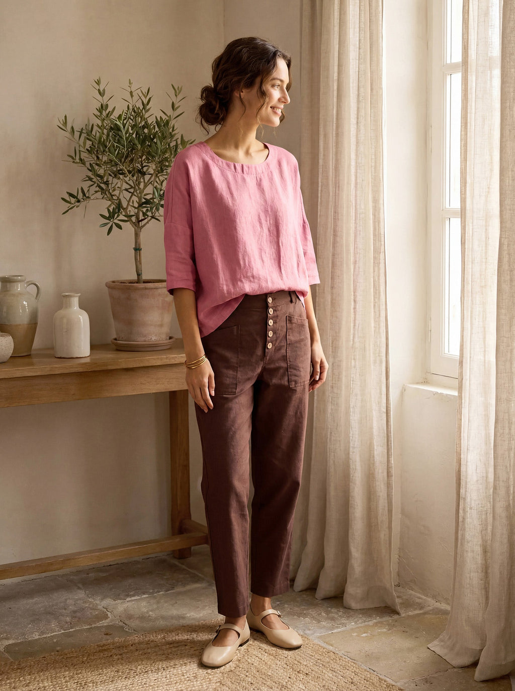 Elena | Pantaloni in Lino con Chiusura a Bottone