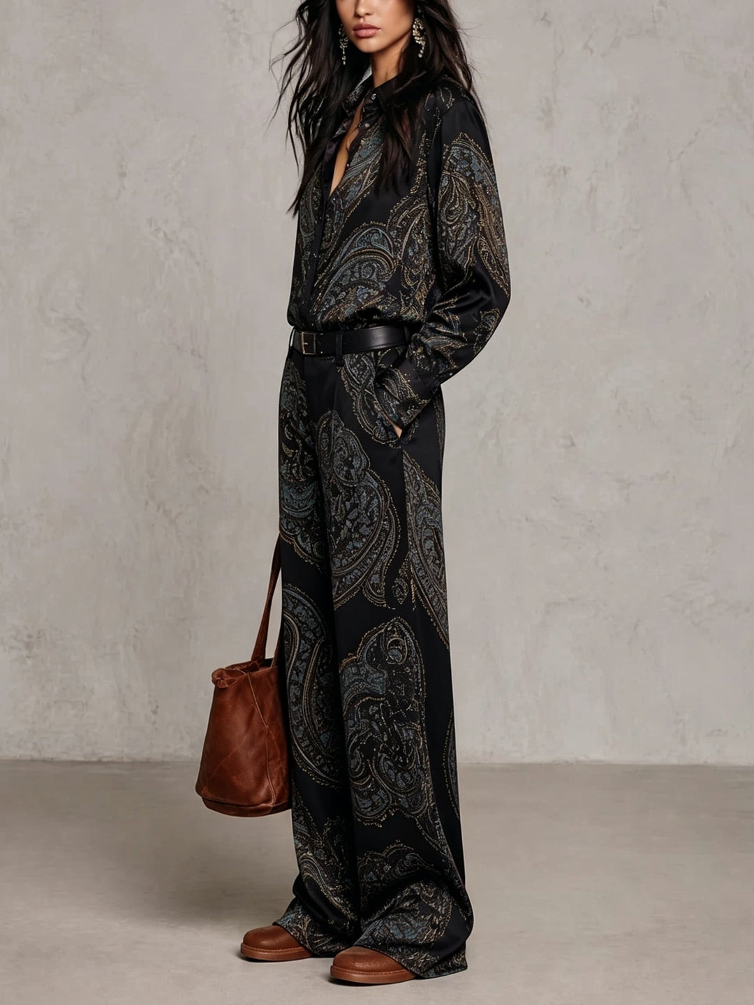 Marcella | Completo Camicia e Pantaloni in Raso con Stampa Paisley