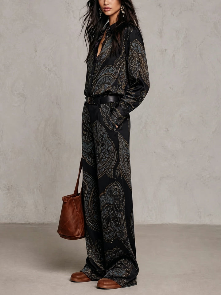 Marcella | Completo Camicia e Pantaloni in Raso con Stampa Paisley