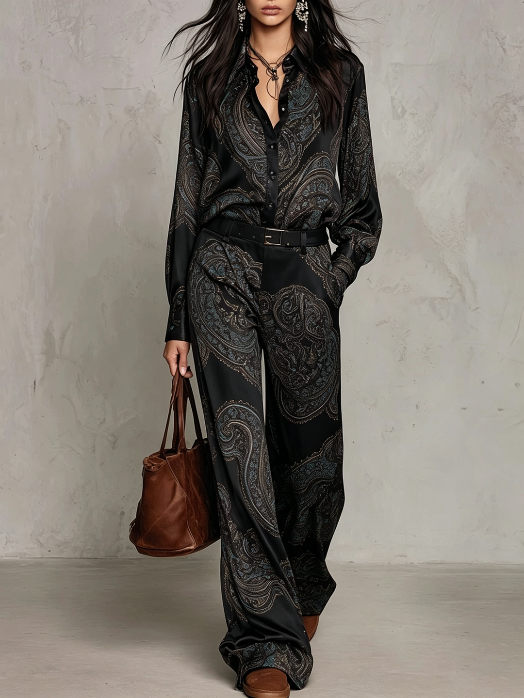 Marcella | Completo Camicia e Pantaloni in Raso con Stampa Paisley