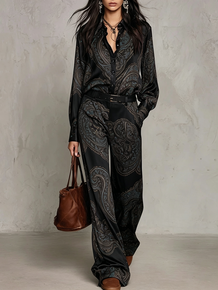 Marcella | Completo Camicia e Pantaloni in Raso con Stampa Paisley