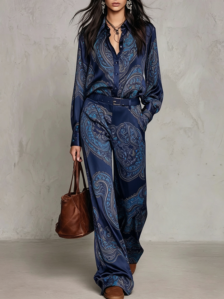 Marcella | Completo Camicia e Pantaloni in Raso con Stampa Paisley