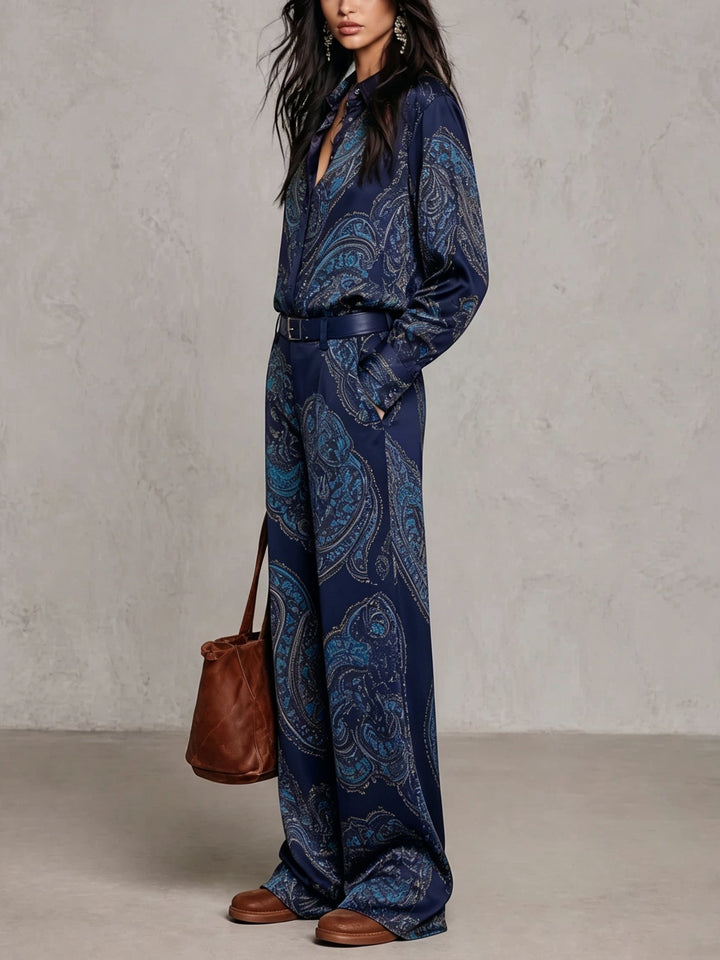 Marcella | Completo Camicia e Pantaloni in Raso con Stampa Paisley