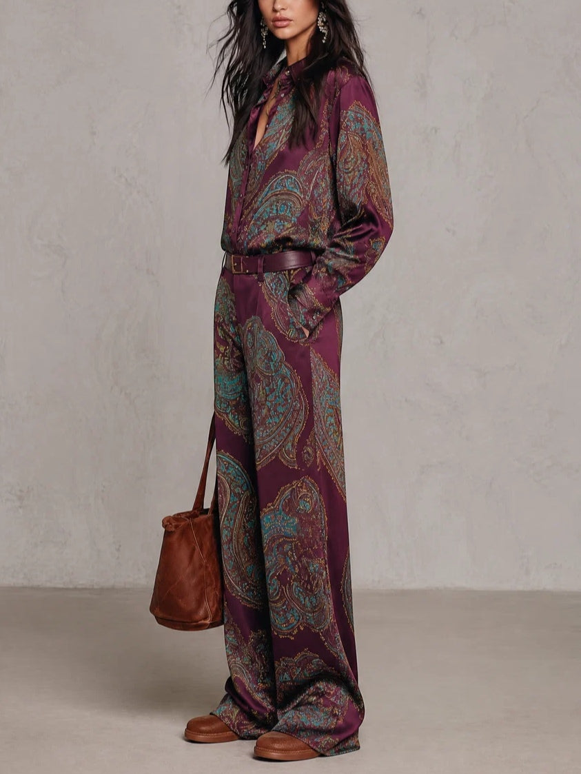 Marcella | Completo Camicia e Pantaloni in Raso con Stampa Paisley